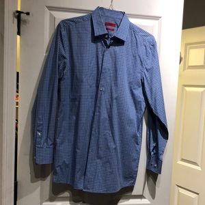Hugo boss sharp fit cotton stretch button-down In a blue check pattern.